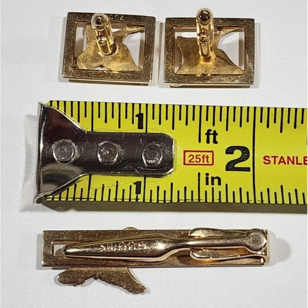 Vtg Swank Tie Clip Cuff Links Gold Tone Flying Mallard Duck Open